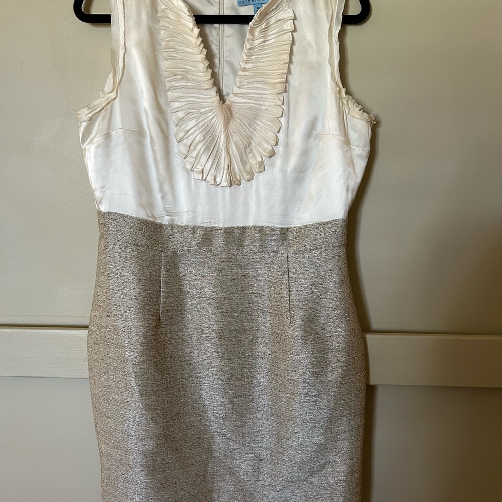 ANTONIO MELANI Cream and Heathered Brown Sheath Mini Dress with Plunge Neckline